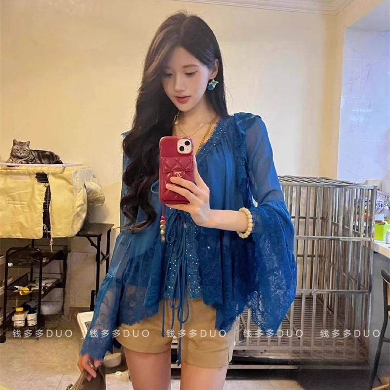 独特绝美小衫气质复古名媛冷淡系高级感上衣显瘦透视蓝色衬衫长袖