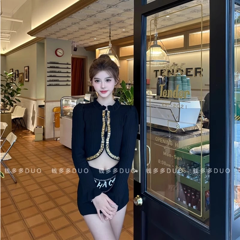 法式重工高级感小香风外套女外穿气质名媛百搭显瘦木耳边开衫上衣