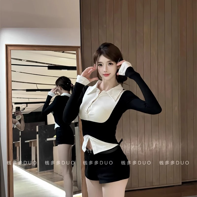 入秋韩系穿搭复古撞色假两件上衣女时尚洋气修身针织衫设计感衬衫