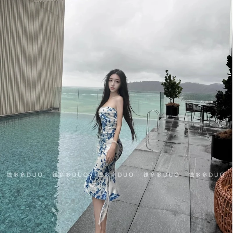 新中式国风女装2024新款气质复古抹胸连衣裙修身包臀裙鱼尾长裙女