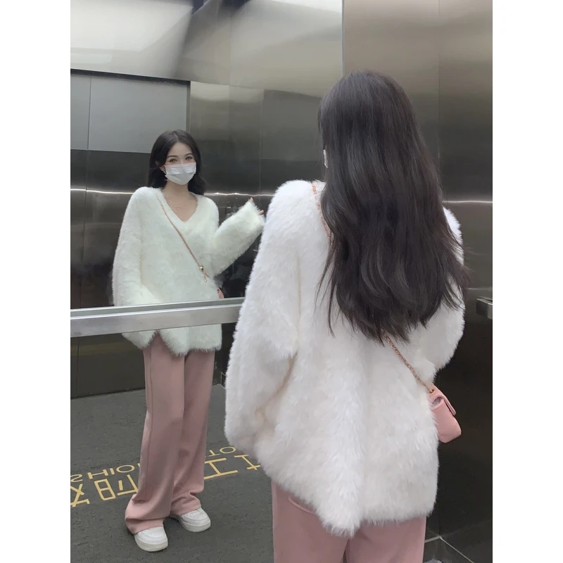 白色水貂绒毛衣女秋冬季外穿设计感小众慵懒高级感内搭针织衫上衣