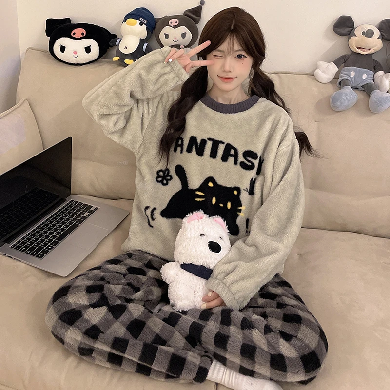 2024新款春秋款宽松舒适女套装长袖猫咪卡通圆领休闲家居服两件套