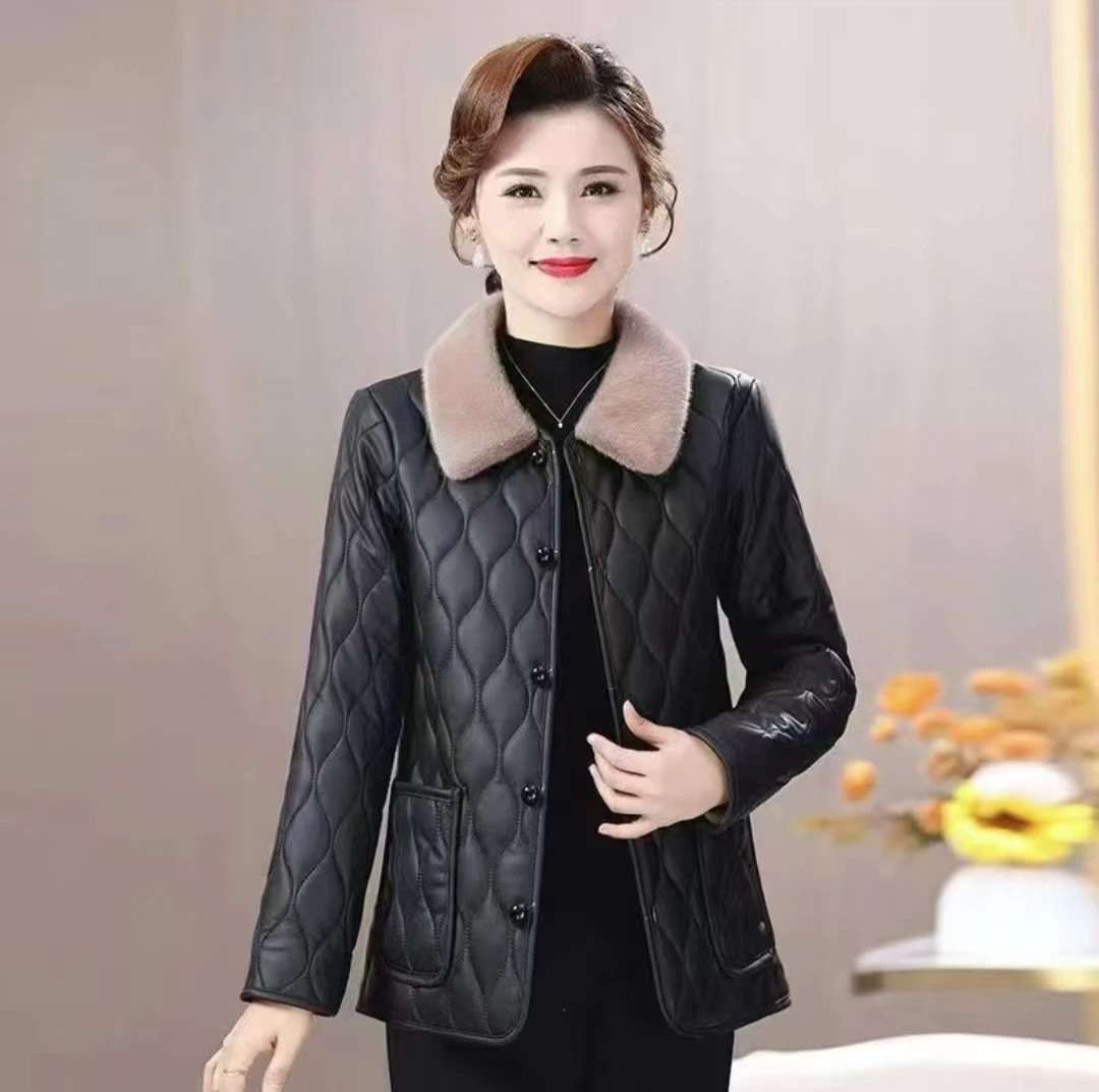 冬季时尚棉衣女士大码新款棉袄外套加绒加厚PU保暖棉袄棉服