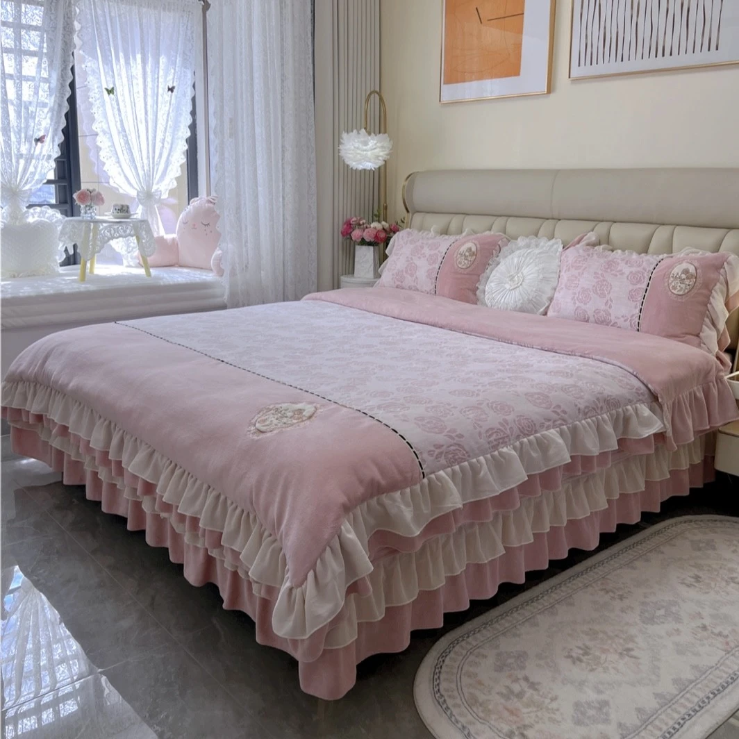 【疯子姐专属】牛奶绒加厚床盖款加绒花边款四件套三件套浪漫床裙款