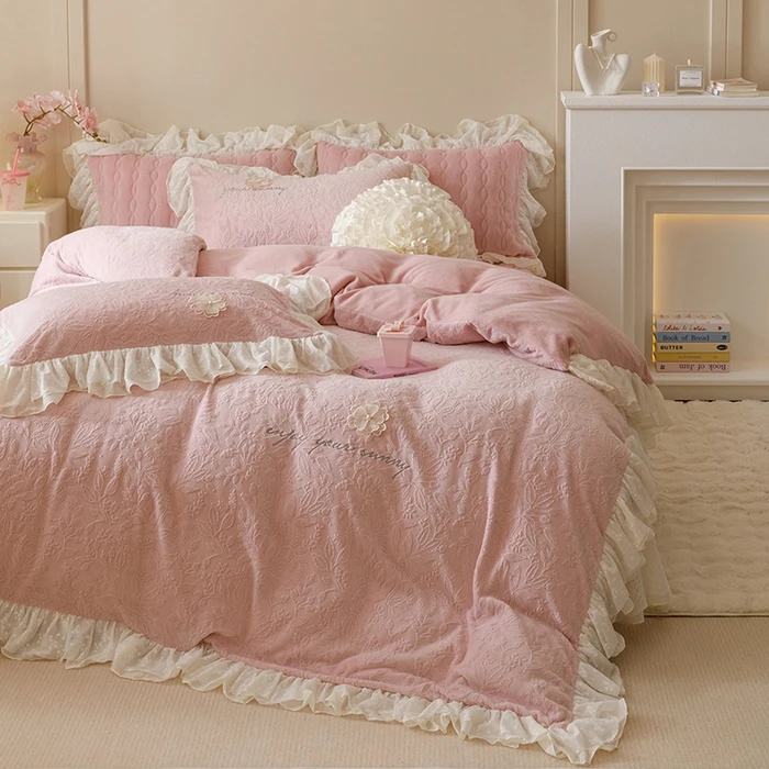 【疯子姐专属】法式牛奶绒蕾丝床盖四件套韩版加厚公主风绒被少女心
