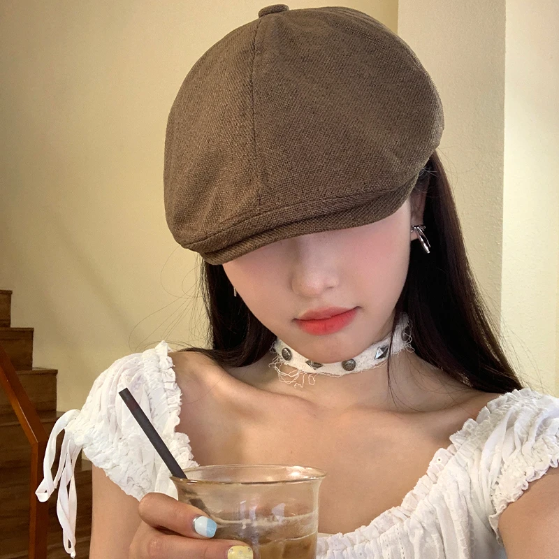 美式街头复古棕色前进帽女百搭贝雷帽时尚大头围显脸小报童帽子潮