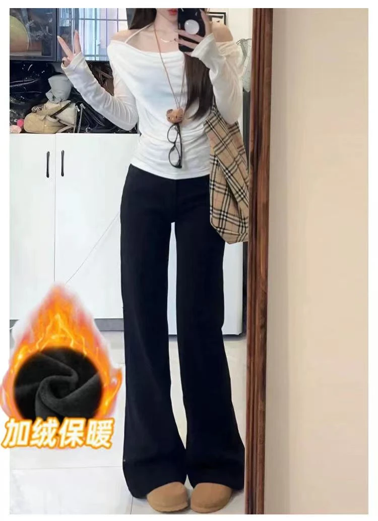 加绒黑色不贴腿微喇牛仔裤女秋冬高腰显瘦宽松百搭直筒阔腿喇叭裤