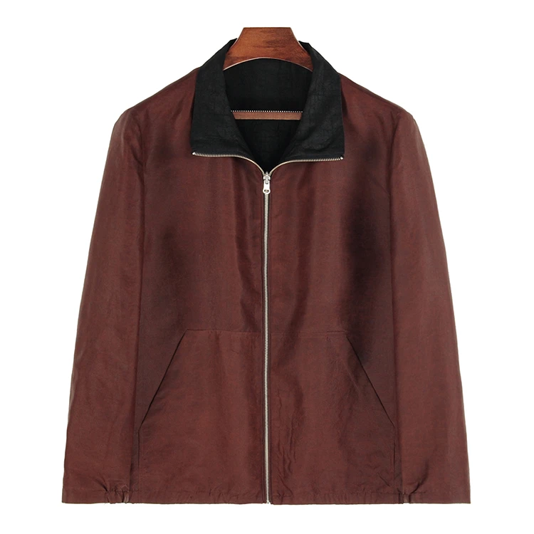 88756 男士双层立领拉链衫双面穿桑蚕丝龟裂纹红云纱中式复古上衣