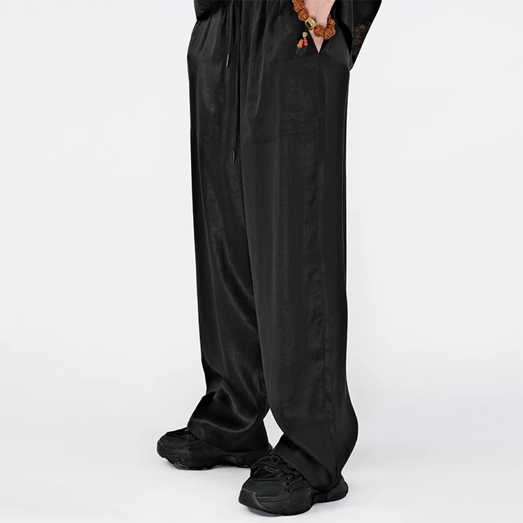 88263 男士单面长裤 桑蚕丝素绉缎香云纱夏季时尚黑色宽松休闲裤