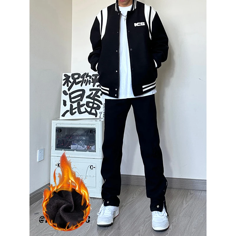 美式高街牛仔裤男生秋冬款hiphop港风街头小众设计排扣拉链休闲裤