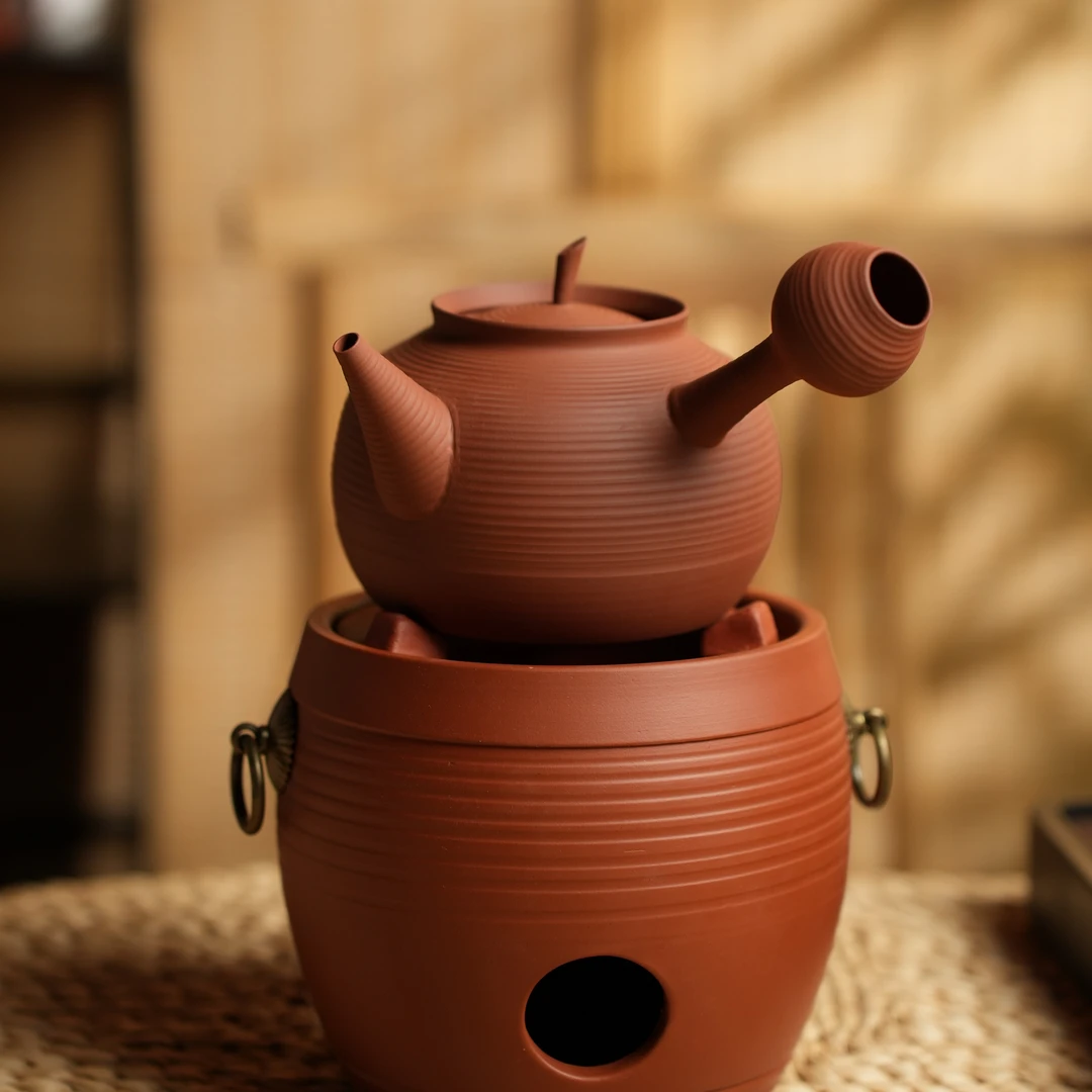 朱泥红泥围炉烧水煮茶潮州纯手工装水加热自动跳盖薄胎砂铫宫灯壶