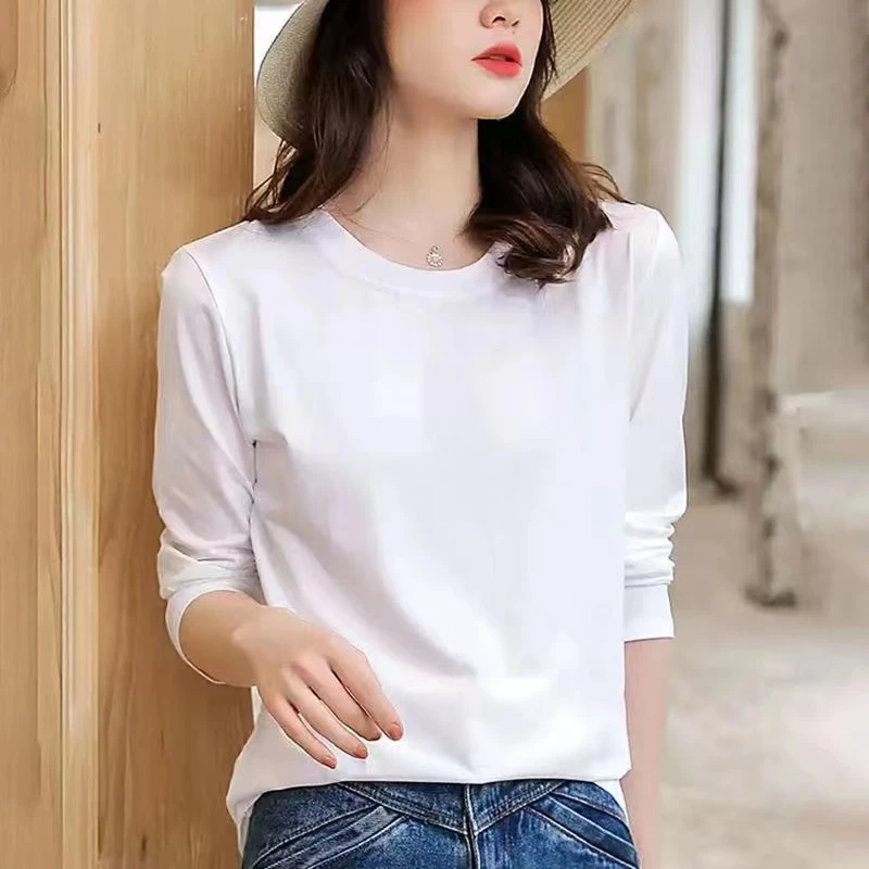 精梳棉纯白色长袖t恤女2024宽松显瘦圆领打底衫内搭叠穿上衣小衫