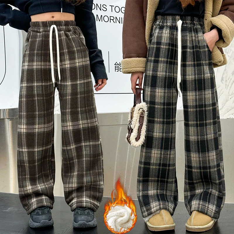 女童秋冬款加绒加厚格子直筒休闲裤中大童女孩洋气时尚保暖长裤潮