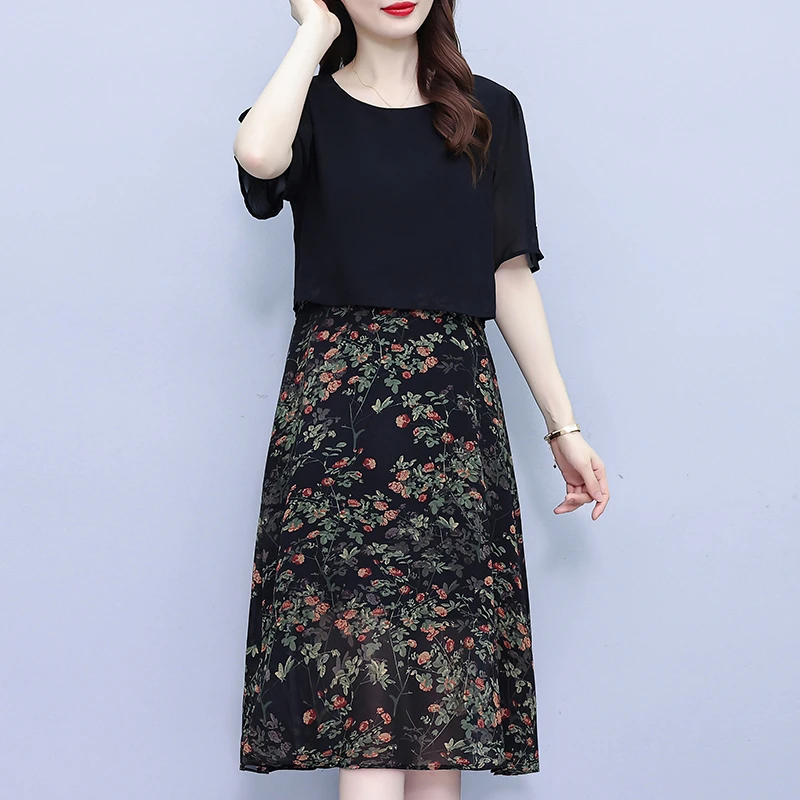 雪纺假两件连衣裙女夏季2024新款大码胖mm遮肚子显瘦妈妈夏天裙子