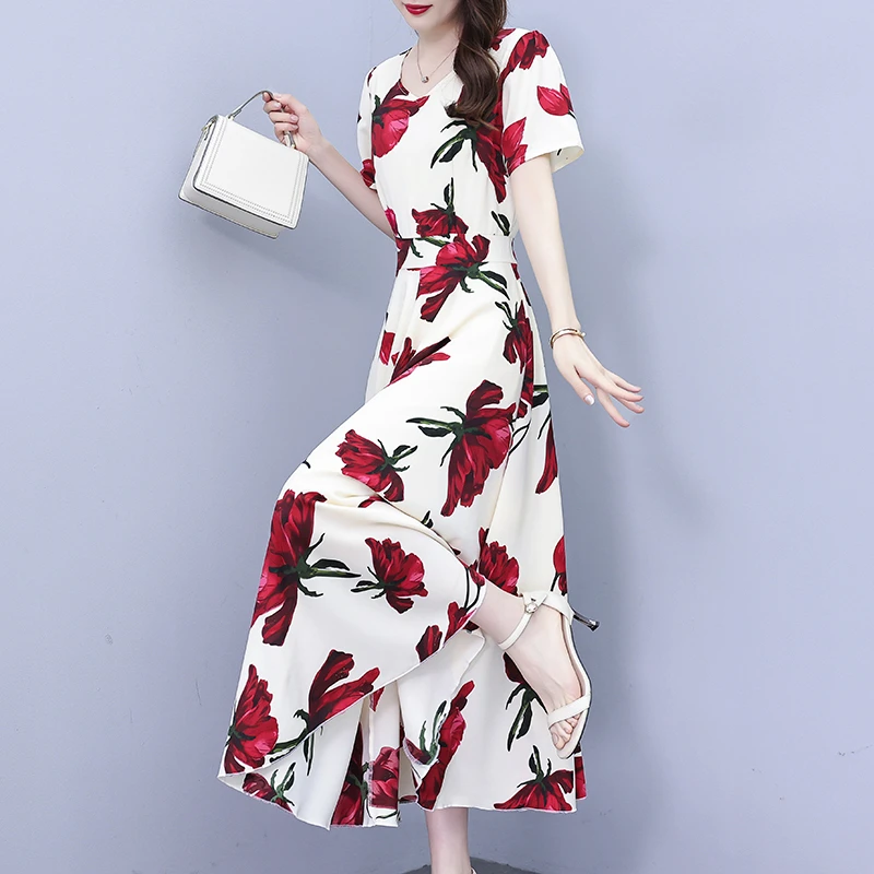 2024夏季新款雪纺碎花连衣裙大码胖mm收腰显瘦遮肚长裙