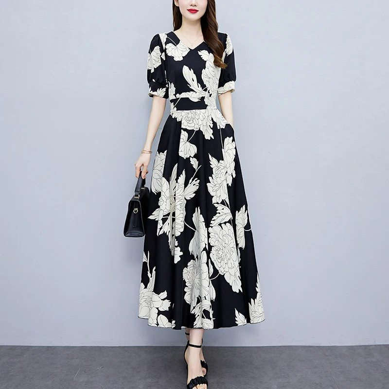 2024夏季新款高档妈妈装雪纺连衣裙长款大码胖mm收腰显瘦遮肚长裙