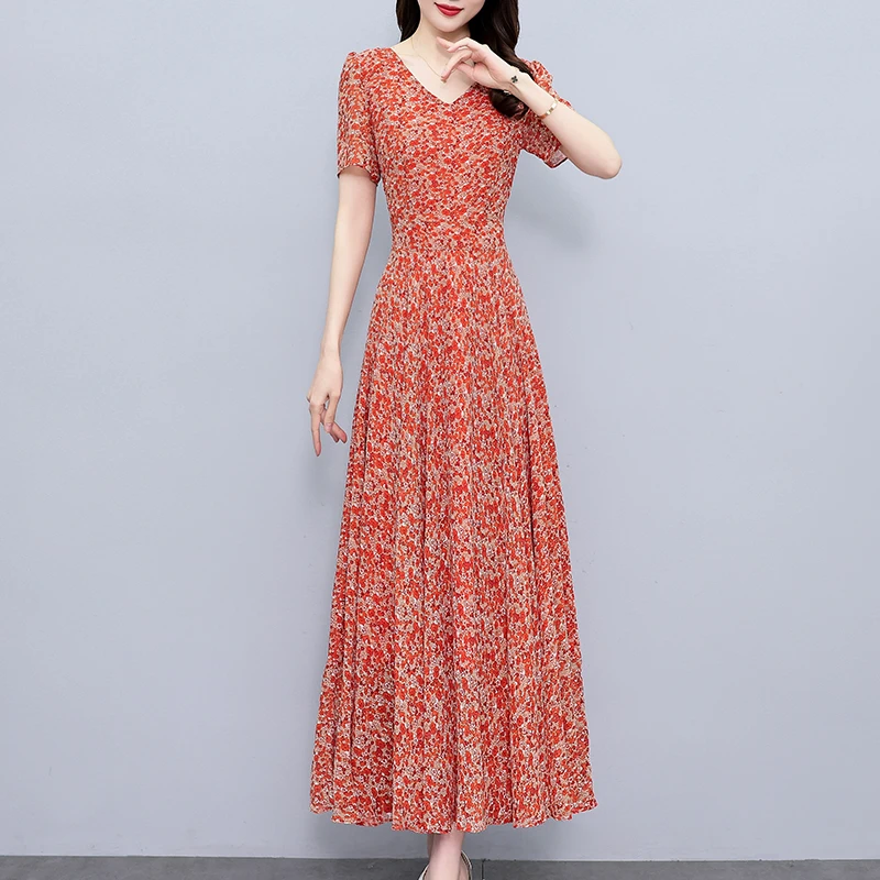 2025夏季新款雪纺碎花连衣裙大码胖mm收腰显瘦遮肚长裙