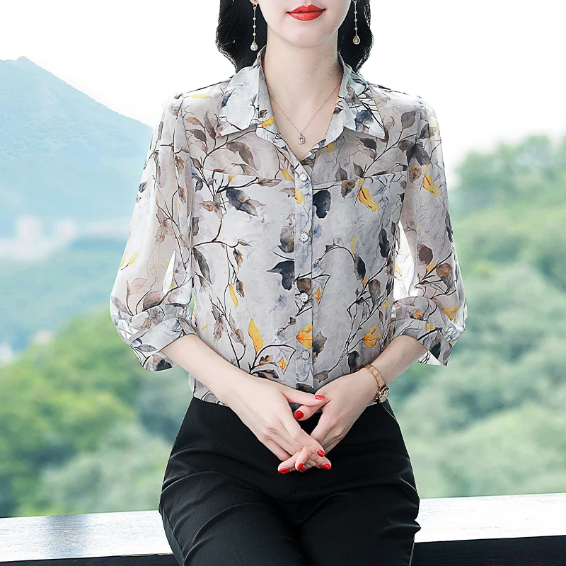 七分袖印花雪纺衬衫女上衣2024夏季新款中袖气质显瘦女装衬衣