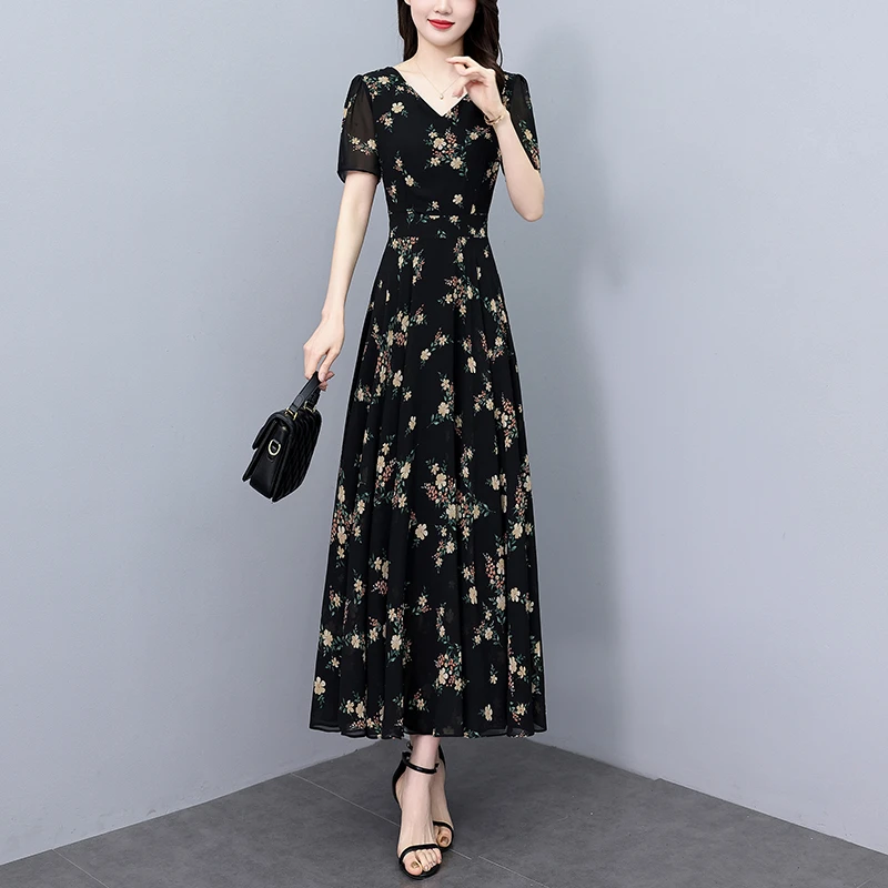 2024夏季新款雪纺碎花连衣裙大码胖mm收腰显瘦遮肚长裙