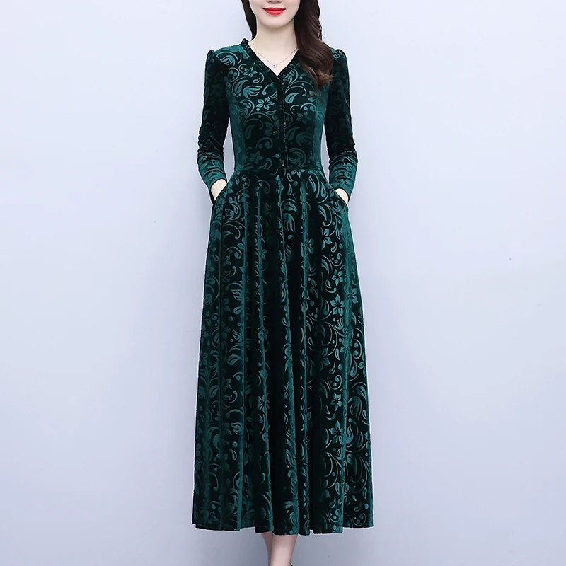 2024秋季胖mm荷叶领长袖金丝绒连衣裙气质有口袋中长款裙子