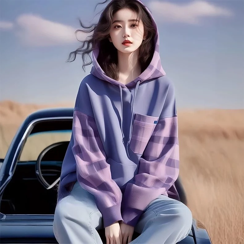 超好看拼色格纹连帽卫衣女秋季韩系慵懒穿搭宽松休闲减龄外套上衣