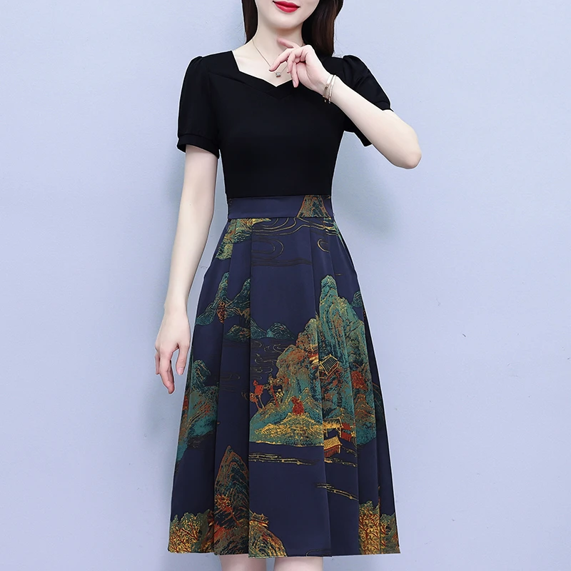夏季妈妈连衣裙女装2024夏季新款今年流行时尚洋气减龄假两件裙子