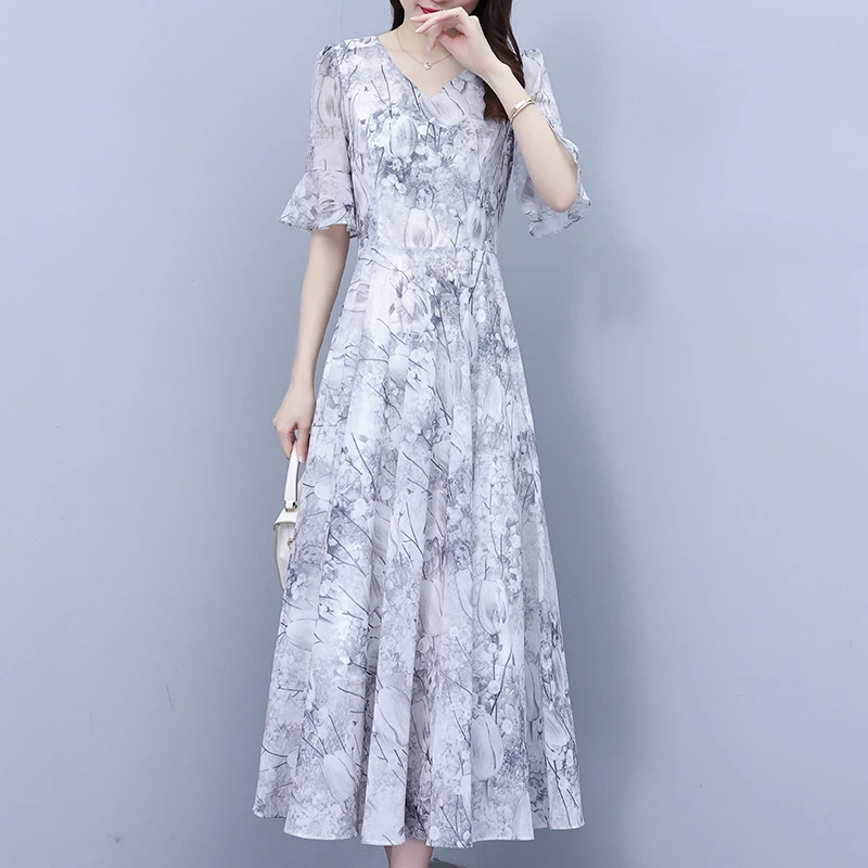 十三行女装爆款印花夏季连衣裙2025女装新款高端雪纺显瘦气质长裙
