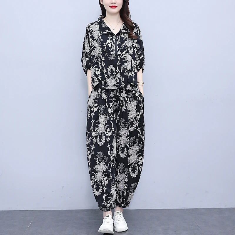 2024时尚宽松遮肉显瘦春夏新款套装休闲气质洋气大码减龄印花