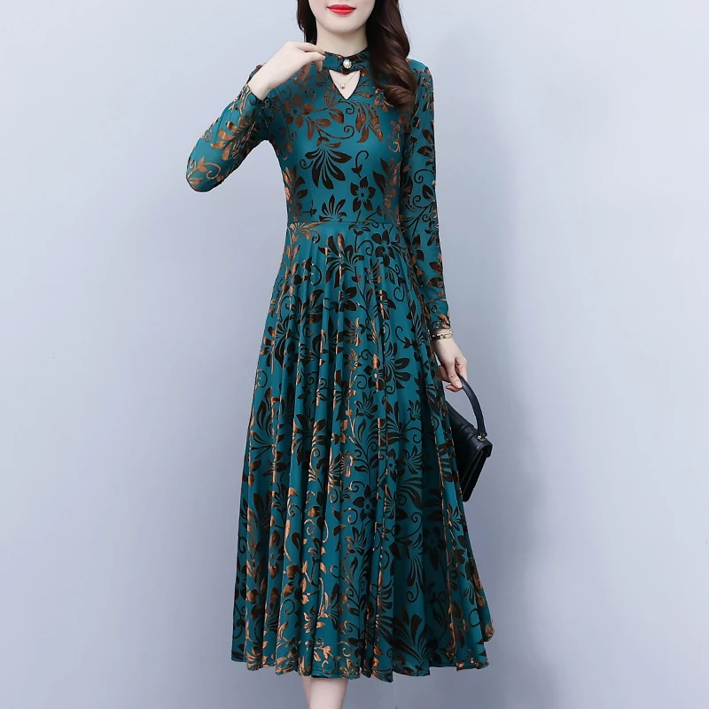 印花网纱长袖连衣裙2024秋装新款大摆长款气质仙女裙子到脚踝超仙