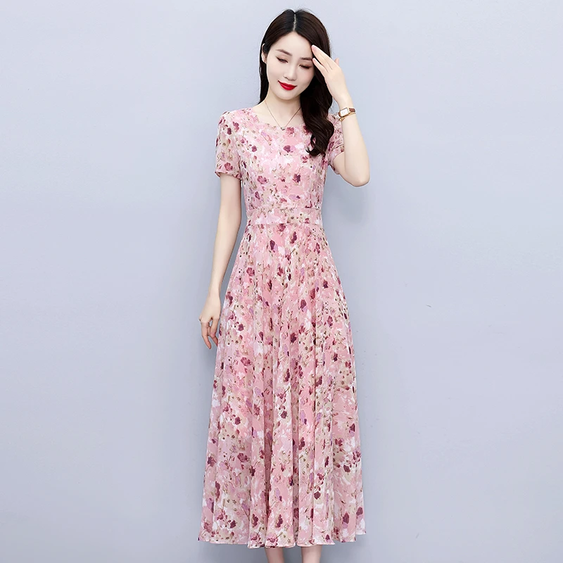 法式印花雪纺连衣裙夏季2024新款大码藕粉色清新高级感中长裙