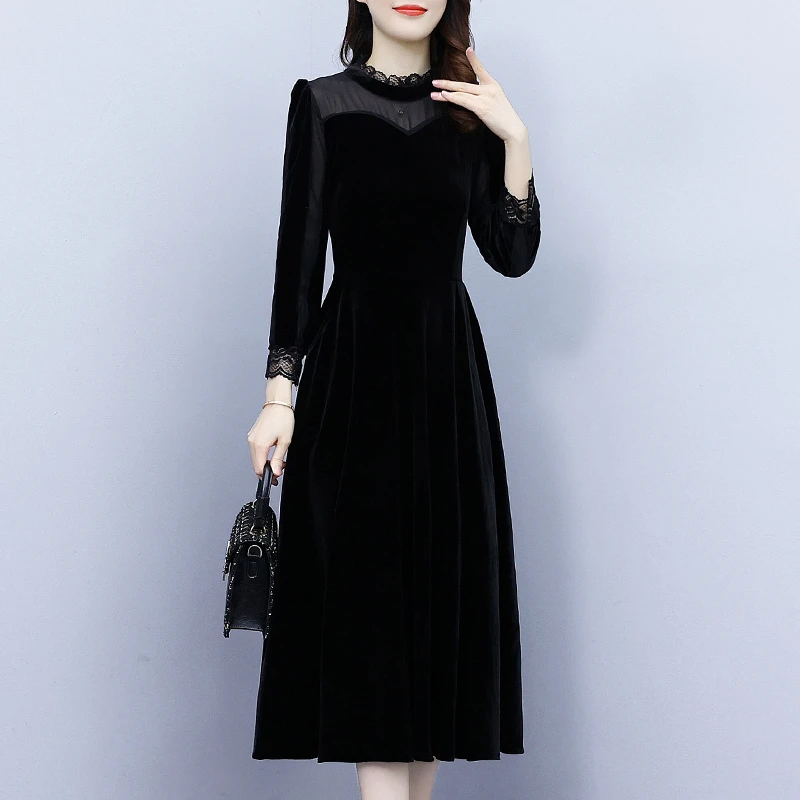 2024秋季胖mm荷叶领长袖连衣裙气质时尚收腰有口袋中长款裙子