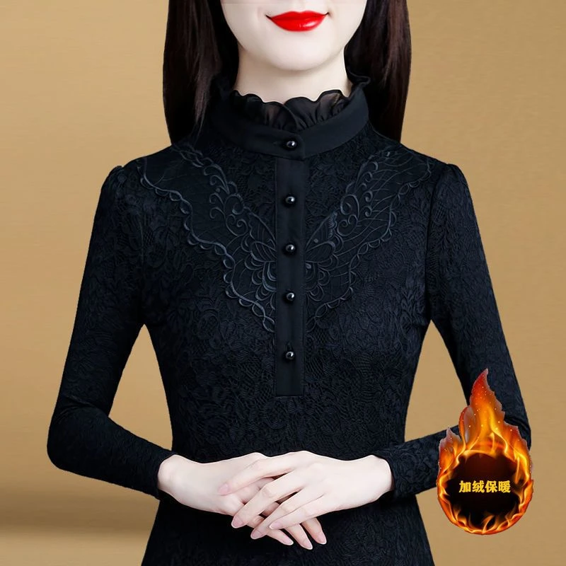 半高领蕾丝打底衫女2025年秋冬新款加绒加厚保暖上衣黑色洋气小衫