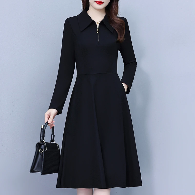 职场气质修身中长款大码女装胖mm长袖秋冬新款中年妈妈连衣裙黑色
