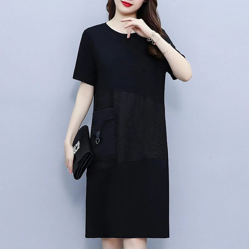 大码女装2025夏新款胖mm韩版时尚宽松显瘦拼接中长款休闲连衣裙子
