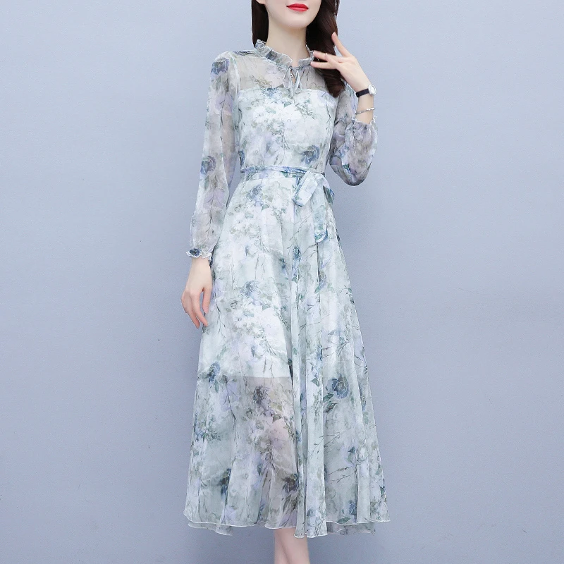 碎花雪纺长袖连衣裙2024春装新款大摆长款气质仙女裙子到脚踝超仙