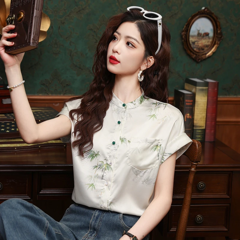 2024夏季新款国风印花气质衬衫女设计感百搭简约上衣时尚