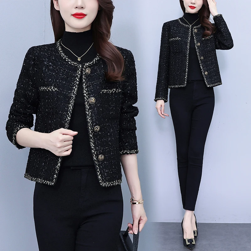 小香风外套女2025秋冬新款黑色亮丝短款法式气质大码上衣