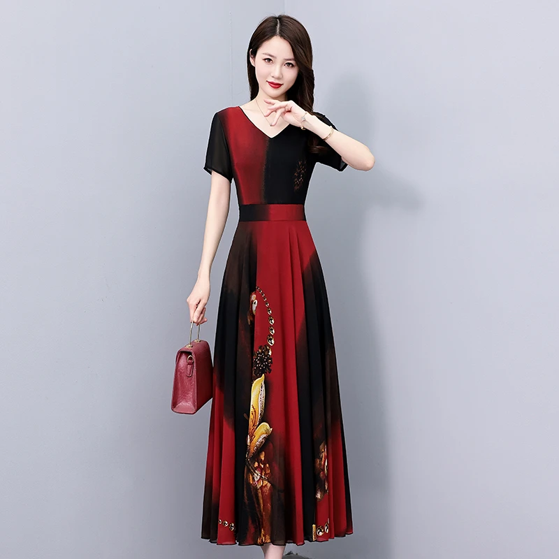 2025夏季新款雪纺碎花连衣裙大码胖mm收腰显瘦遮肚长裙