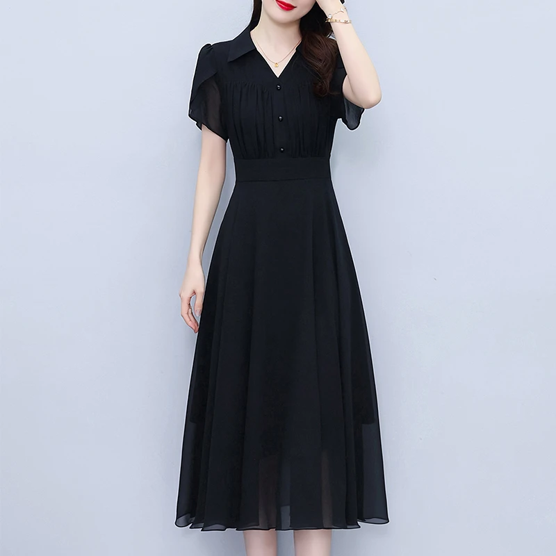 十三行品牌雪纺连衣裙2025新款女夏季高端正式场合气质黑高级裙子