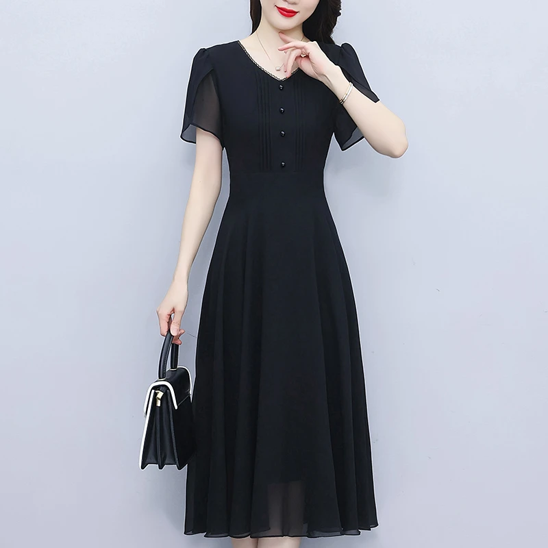 气质雪纺连衣裙女2025年新款夏季别致时尚短袖轻熟风黑色a字裙子