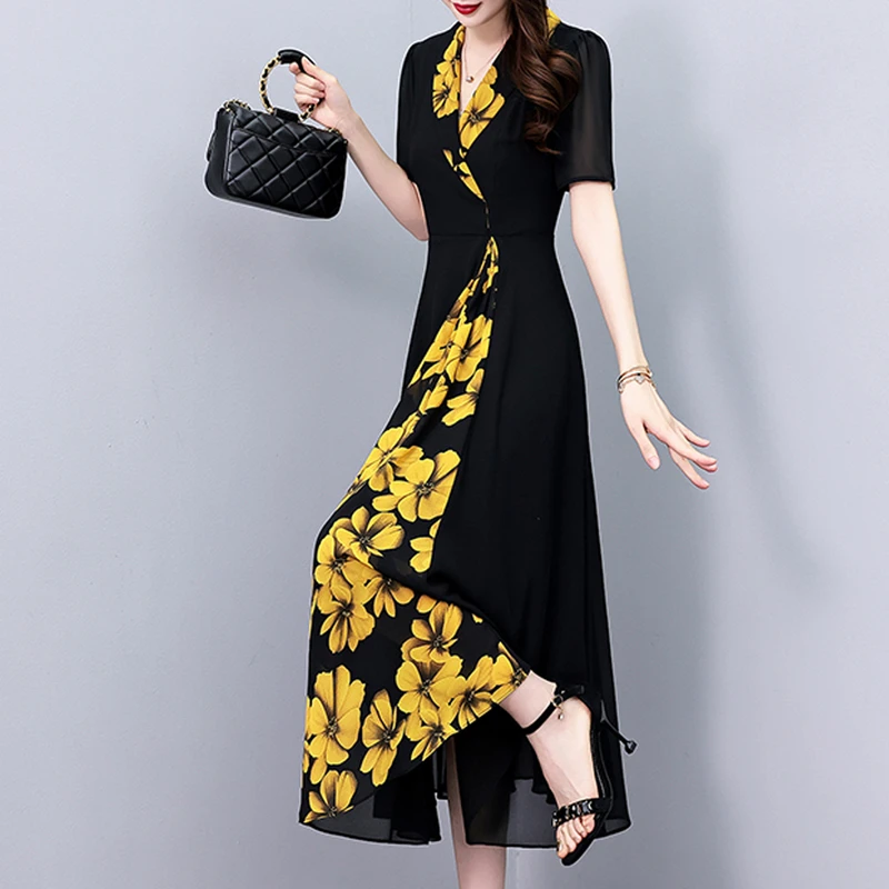 2024夏季新款雪纺碎花连衣裙大码胖mm收腰显瘦遮肚长裙