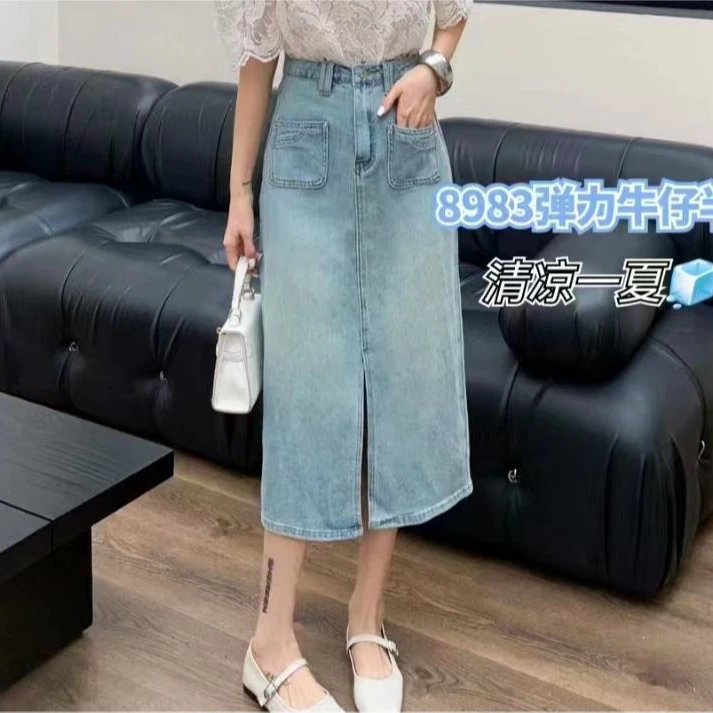 【小慧慧家】夏日小清新 淡雅水洗做旧蓝小口袋前开叉牛仔半身裙