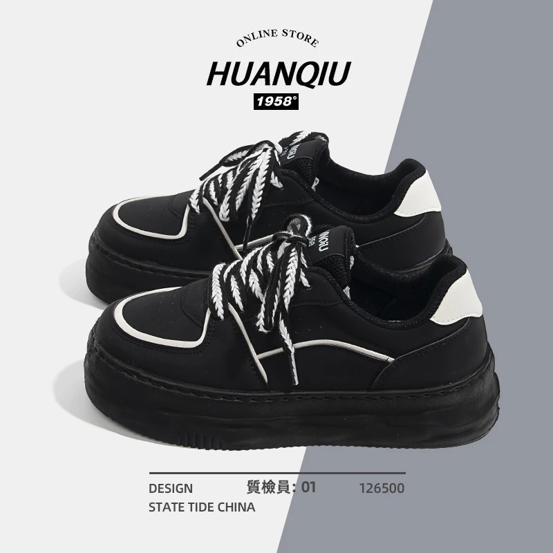 HUANQIU 环球黑色鞋子女2023春季新款小众原创厚底板鞋秋季小黑鞋