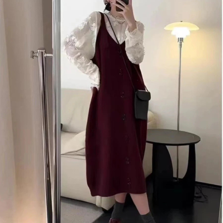 【秋季新款】针织吊带裙套装安哥拉红大码女装遮肉宽松显瘦减龄百搭