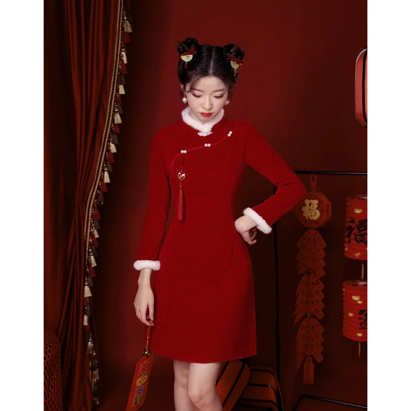 红色旗袍拜年服冬季加绒加厚2025年新款改良版气质显瘦短款小个子
