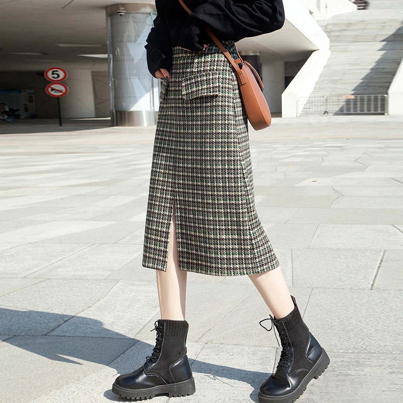 千鸟格半身裙2025春秋时尚复古百搭高腰显瘦格纹开叉中长款A 字裙