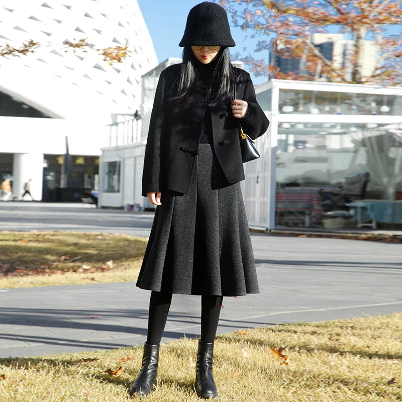 醋酸羊毛加厚半身裙秋冬季高腰时尚过膝中长款宽松显瘦黑灰色裙子