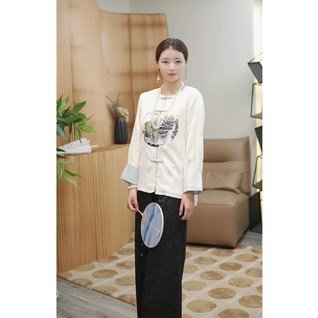 《西湖荟丨桃花源记》秋季新款国风新中式复古刺绣提花上衣