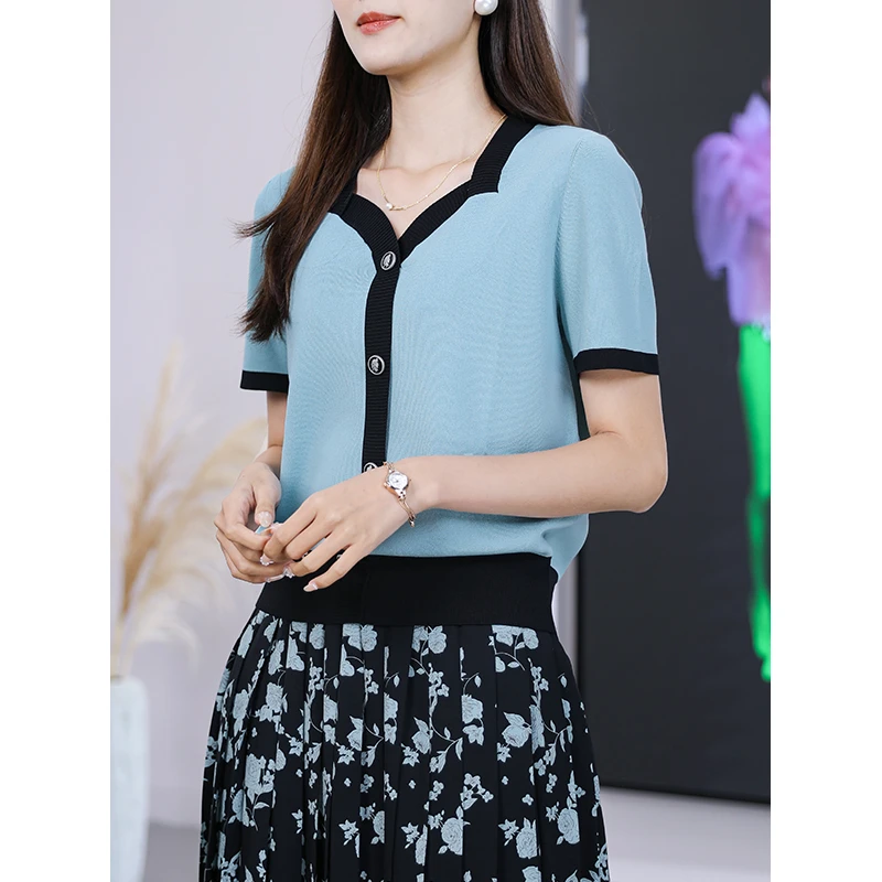 【AMAQ旗舰店】2023夏季新款法式撞色时尚显瘦短袖针织上衣女2657