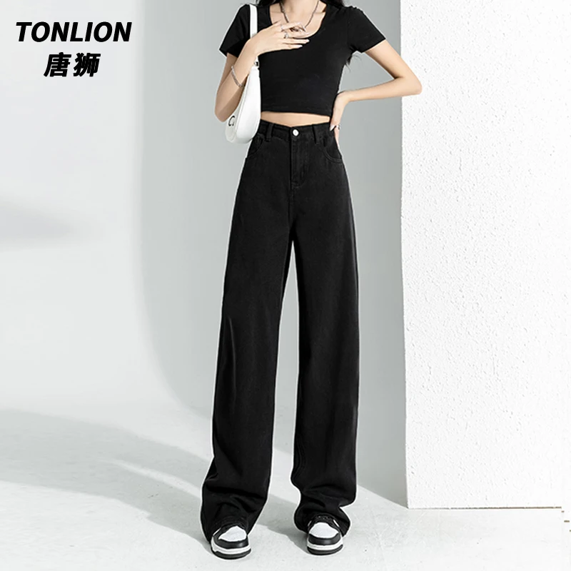 tonlion/唐狮美式复古高腰牛仔裤女新款百搭宽松阔腿垂感拖地裤子